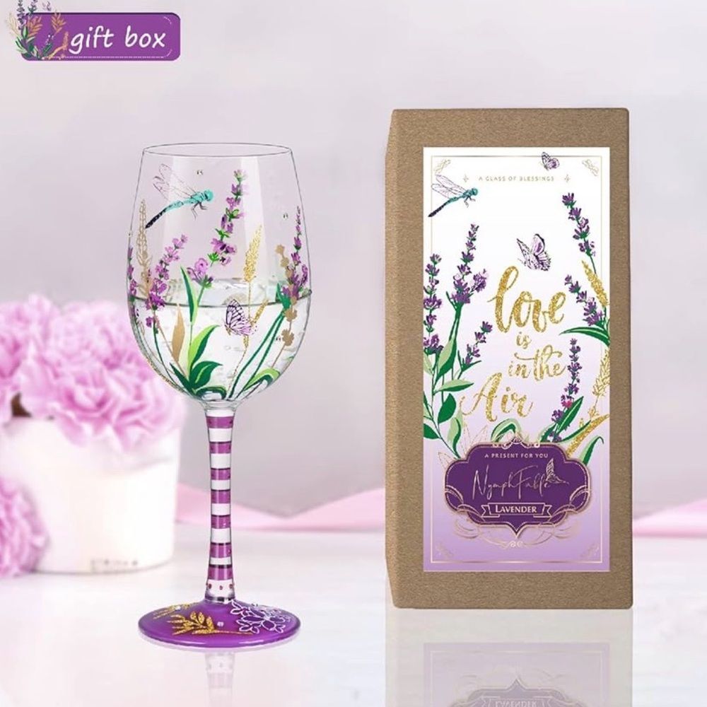 NymphFable Hand Painted Wine Glass Purple Lavendar & Dragonfly New In Box
